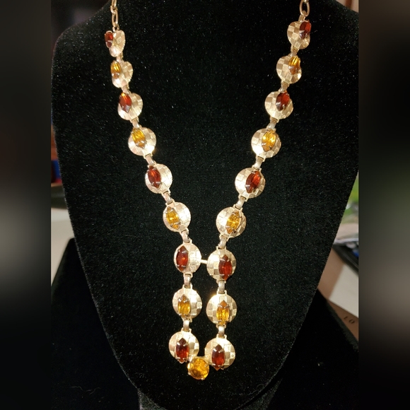 Vintage Textured Saucer Fall Rhinestone "V" Necklace Bolo Style 16 Inch 1970's - Picture 10 of 11